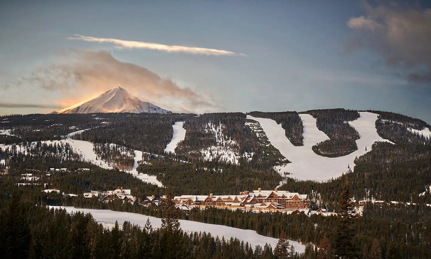 Luxury resort, Montage Big Sky, surrounded by snow-capped peaks and blissful slopes.