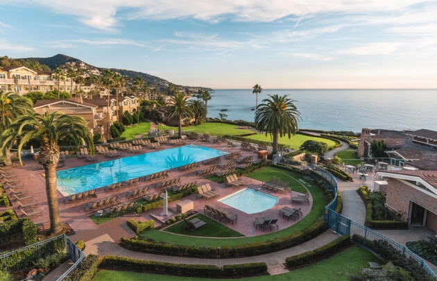 Montage Laguna Beach resort, aerial view of pool and water