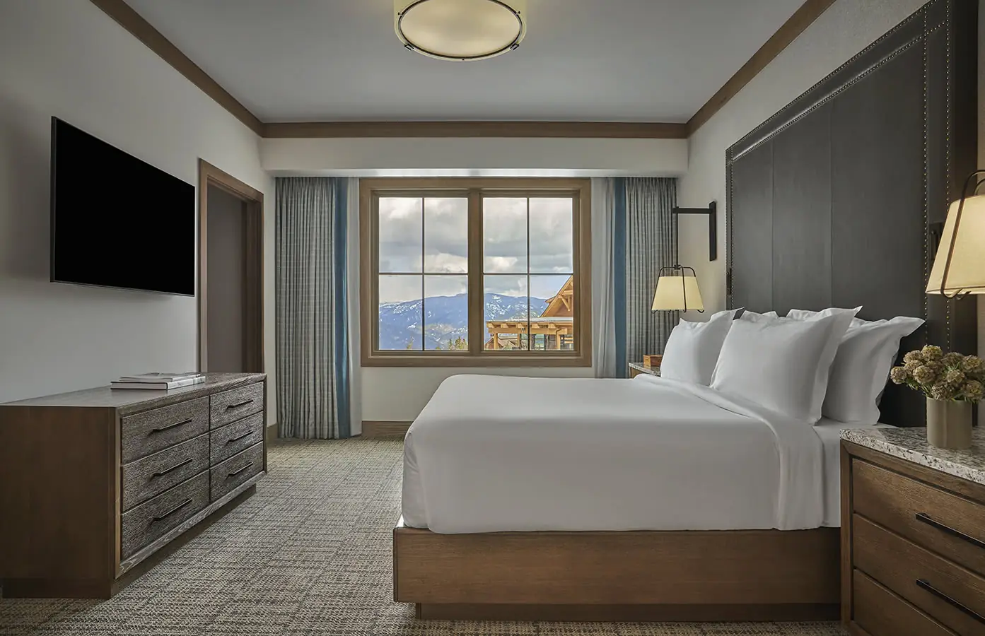 The alpine chic interior of a room with mountain views at Montage Big Sky.