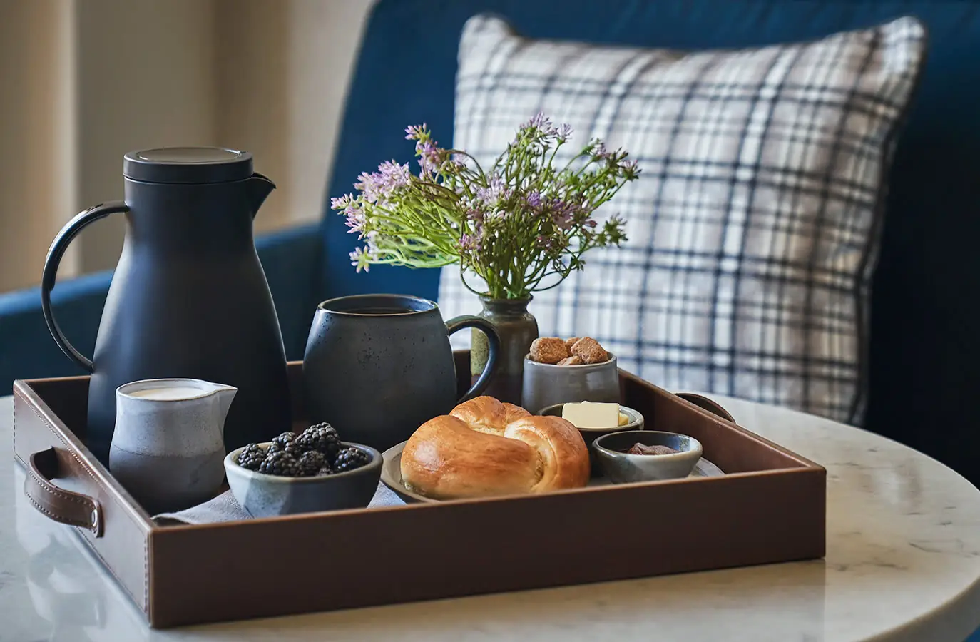 Breakfast and coffee on tray at Montage Big Sky resort