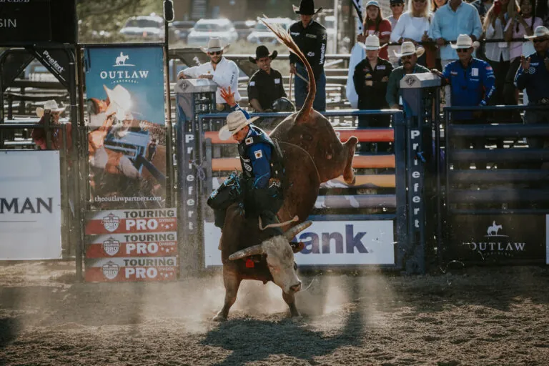 Cowboy on a bull at rodeo
