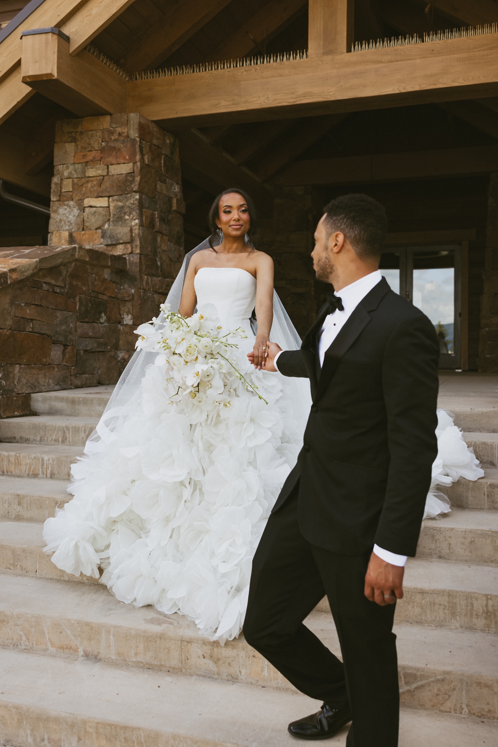 Staircase with bride and groom