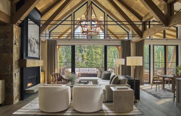 Montage Big Sky resort's cozy setting by a fireplace