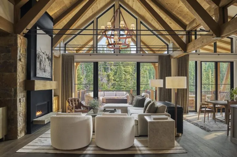 Montage Big Sky resort's cozy setting by a fireplace