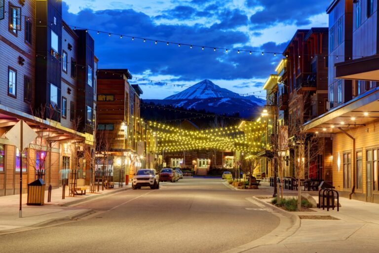 Big Sky Town Center with view of Lone Peak.