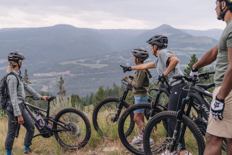 mountain bikers looking at a scenic valley view