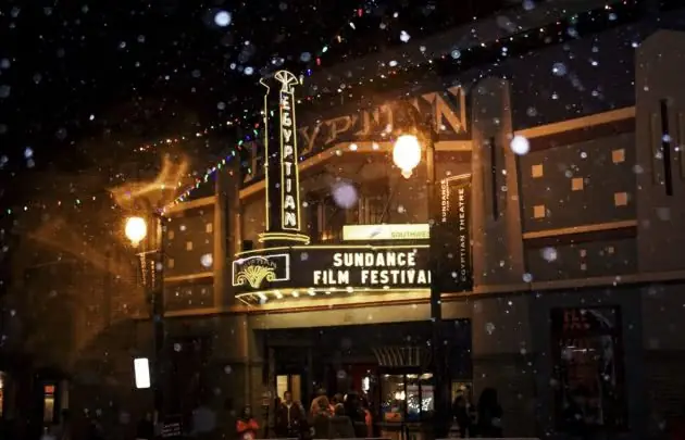 Egyptian Theatre during snowstorm on Main Street Park City during Sundance Film Festival