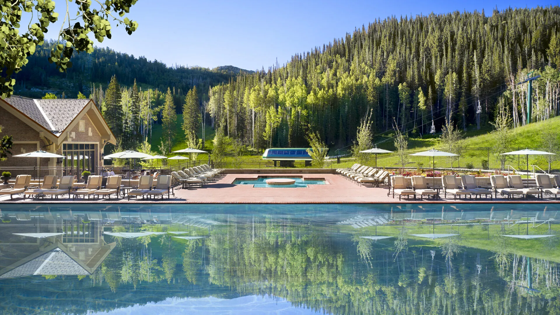 Alpine Pool on a sunny day at luxury resort, Montage Deer Valley.