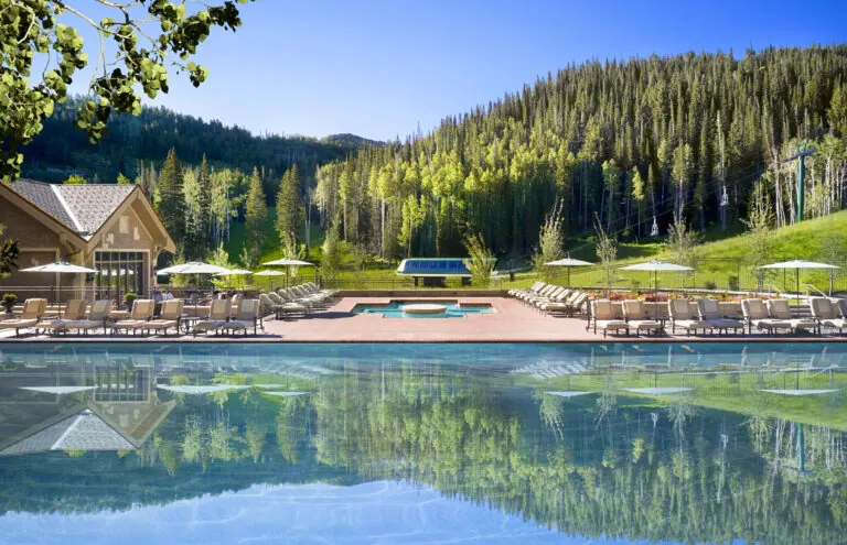 Alpine Pool on a sunny day at luxury resort, Montage Deer Valley.