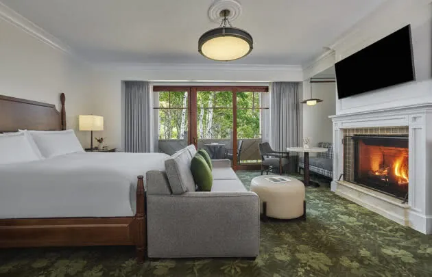 Guestroom with fireplace and summer view