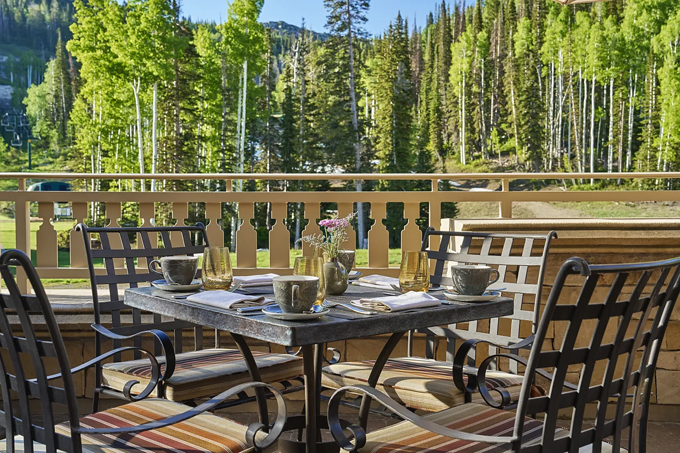 Outdoor mountain view with dining table on patio
