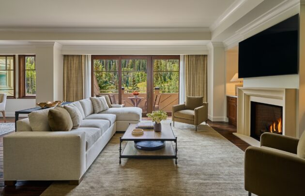 Montage Deer Valley Residence living room area with a view and fireplace.