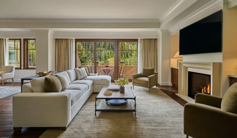 Montage Deer Valley Residence living room area with a view and fireplace.