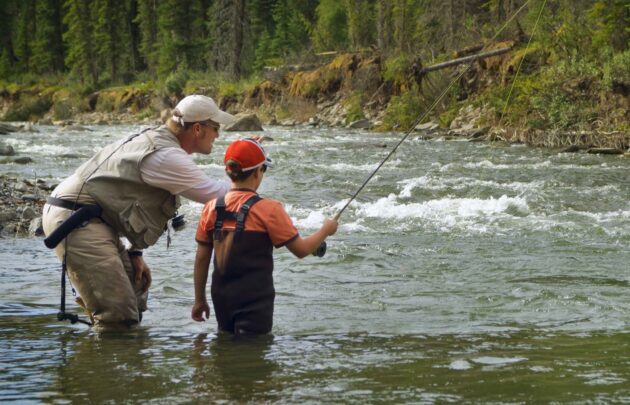 A father teaching his son how to fish
