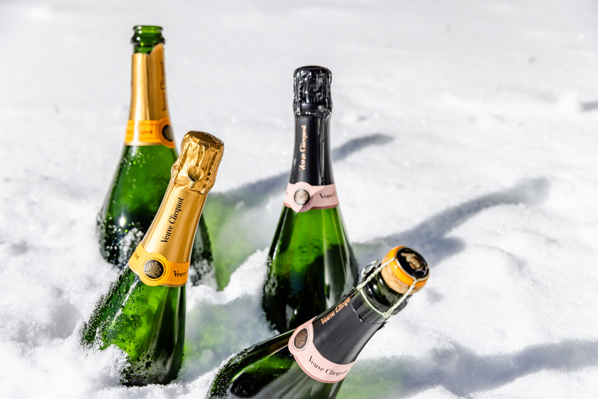champagne bottles in the snow
