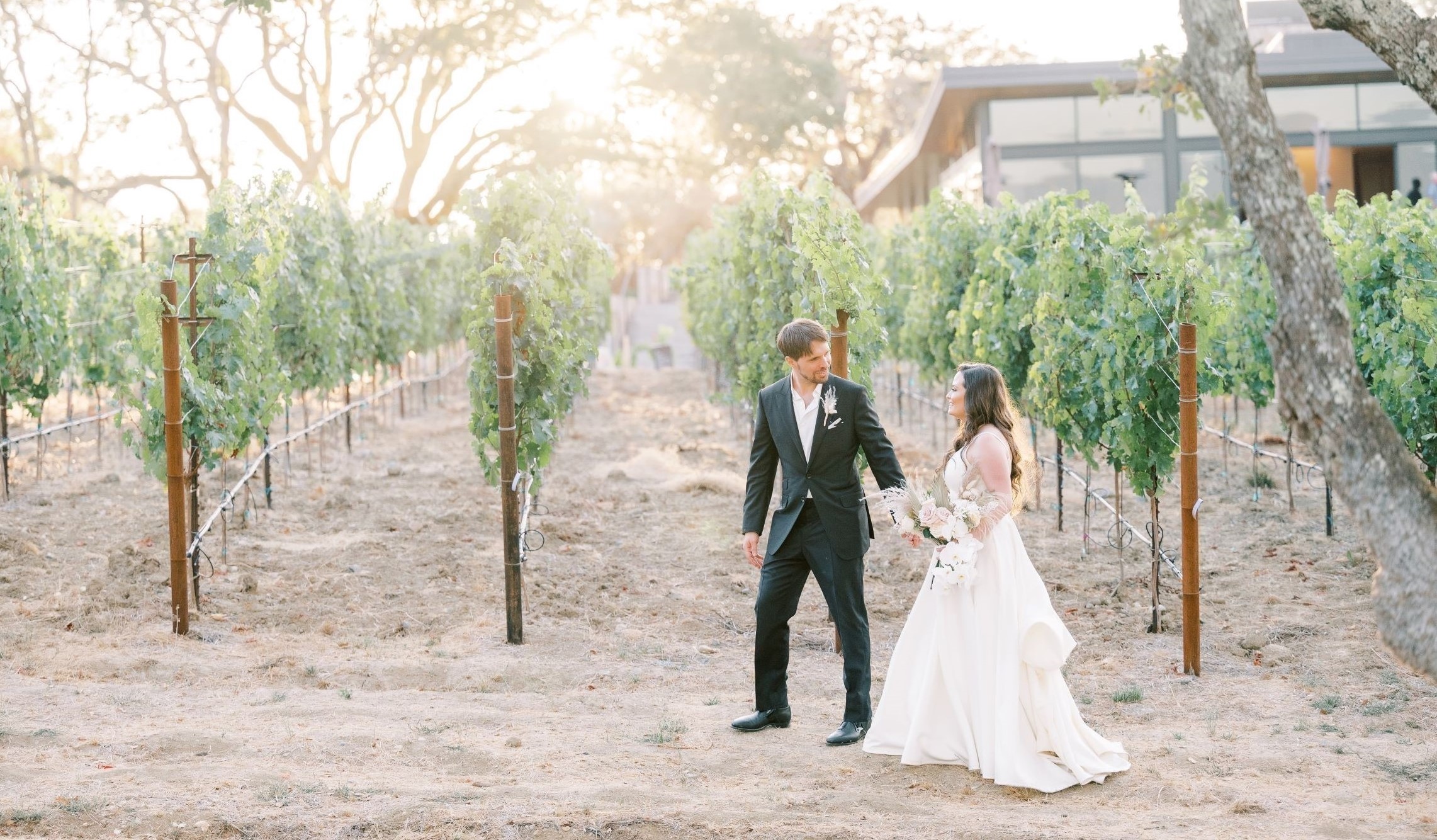 bride and groom walking through vineyard