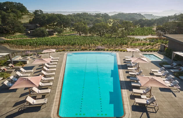 Aerial view of a pool at a luxury healdsburg california hotel, Montage Healdsburg