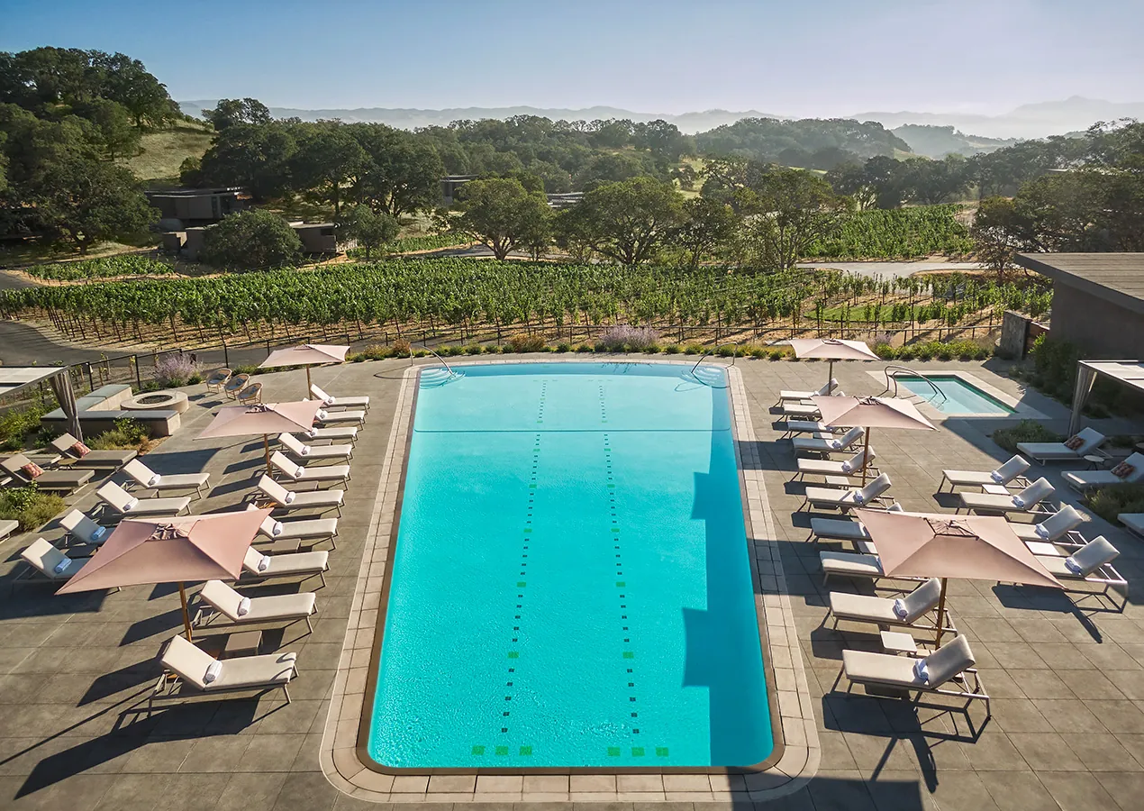 Aerial view of a pool at a luxury healdsburg california hotel, Montage Healdsburg