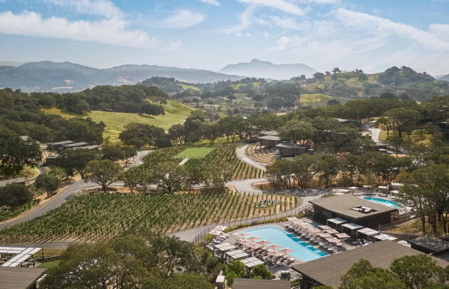 An aerial view of napa wine country resort, Montage Healdsburg