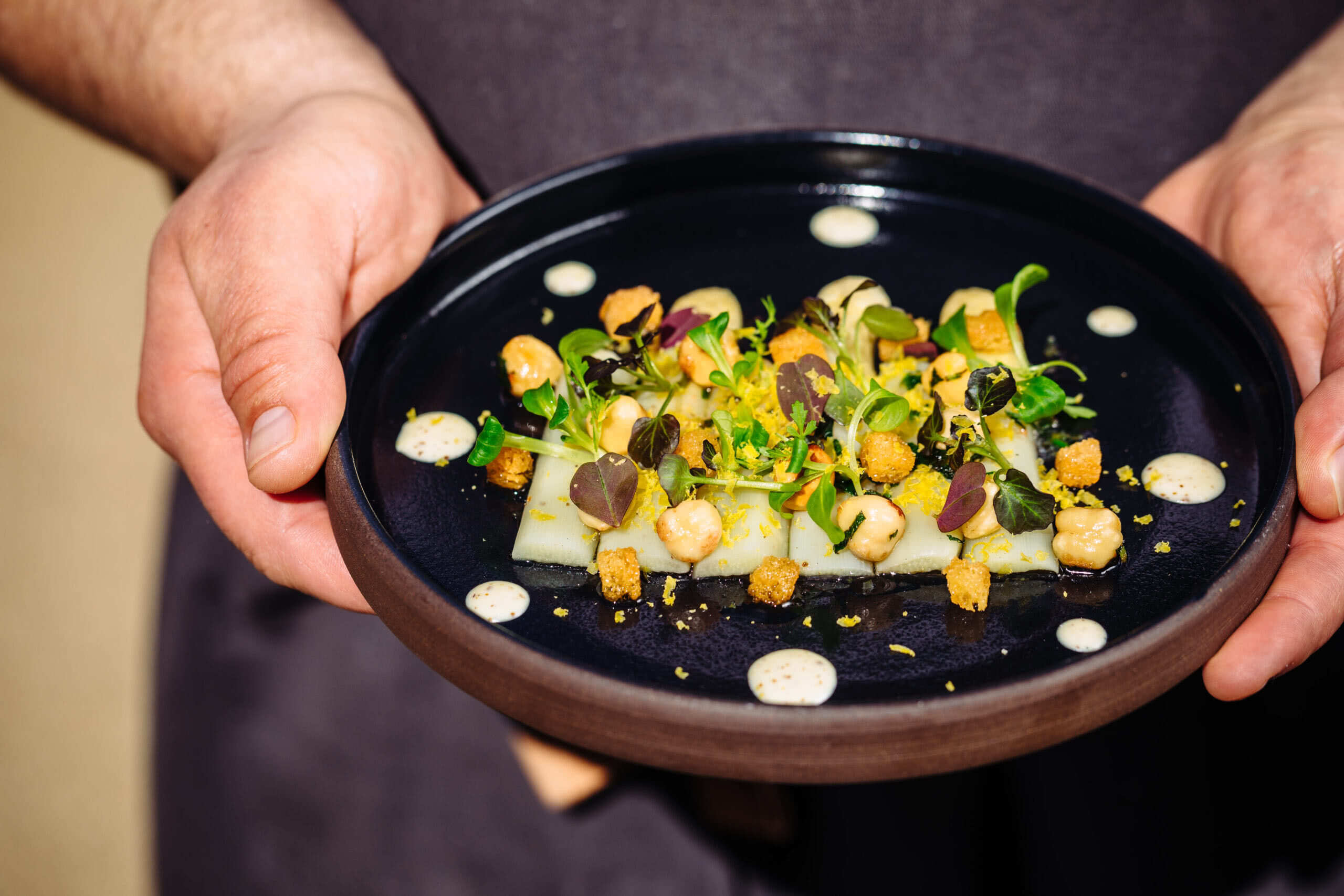 hands holding dish of food
