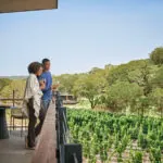 Couple looking out at napa valley vineyards at Montage Healdsburg resort