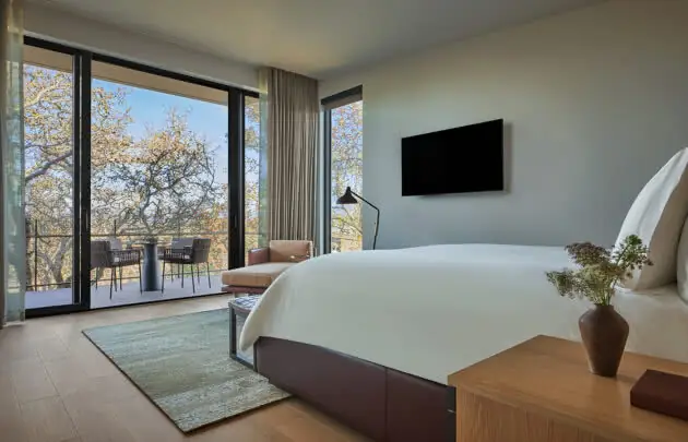 Bedroom interior of luxury napa valley resort room, Montage Healdsburg