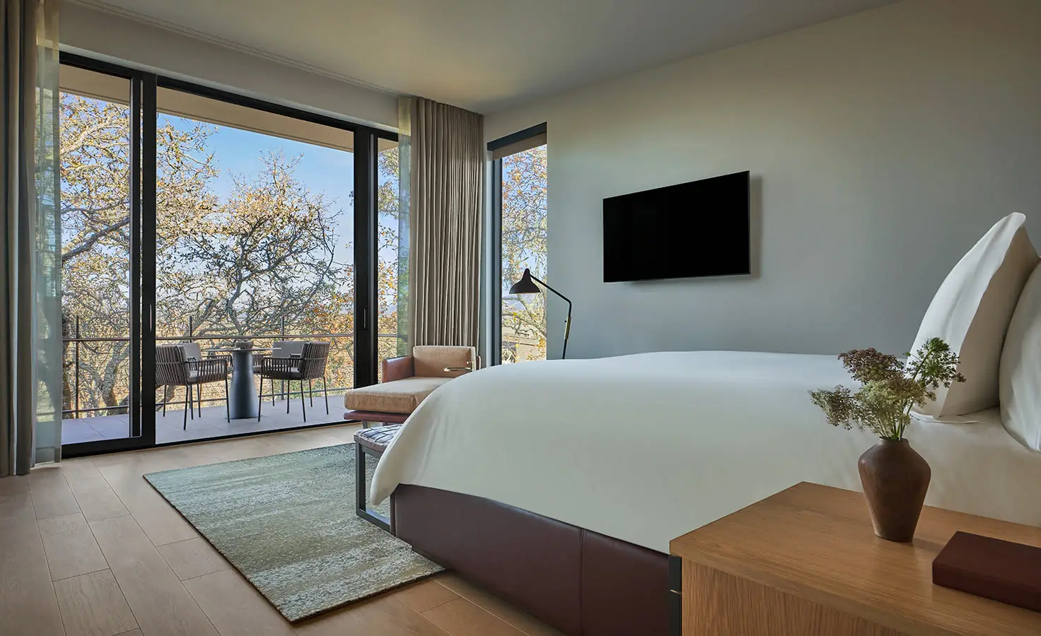 Bedroom interior of luxury napa valley resort room, Montage Healdsburg