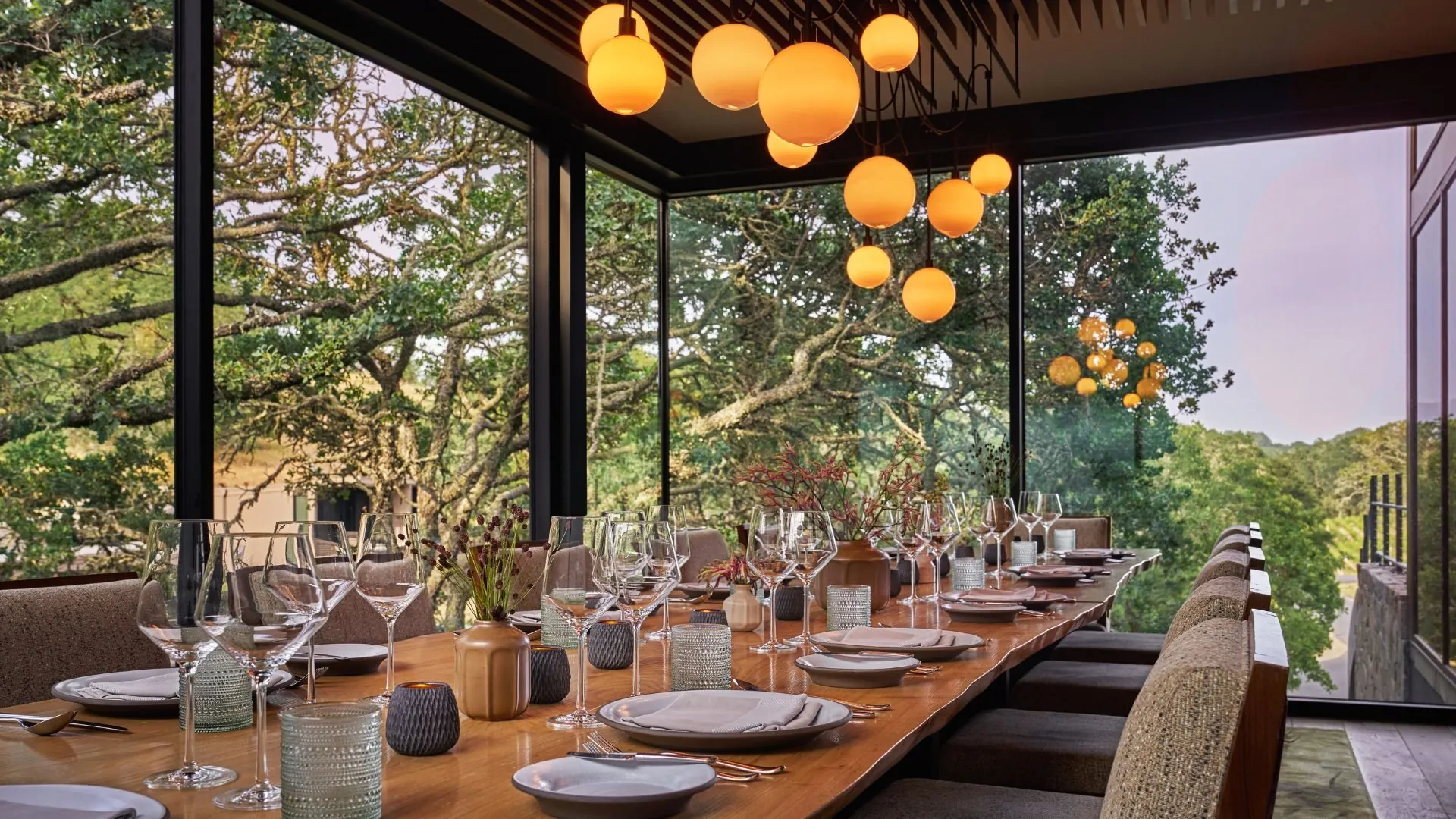 elegant dining room setup in the Oak Room at Hazel Hill at Montage Healdsburg