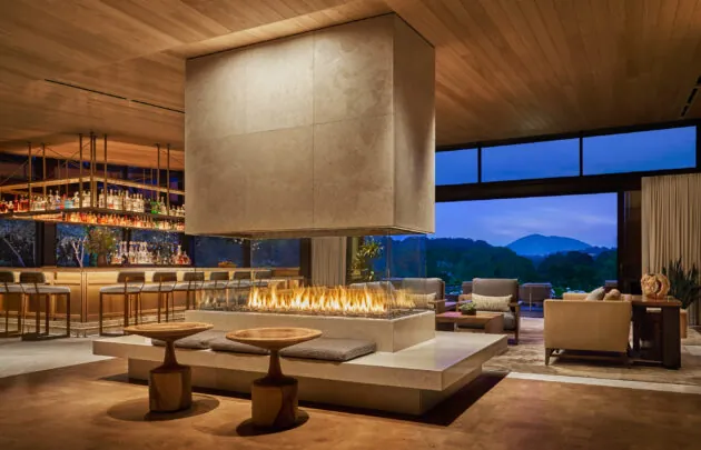 The lobby with a fireplace at Montage Healdsburg