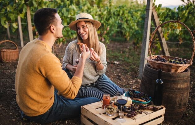Couple enjoying a picnic with wine in a vineyard.