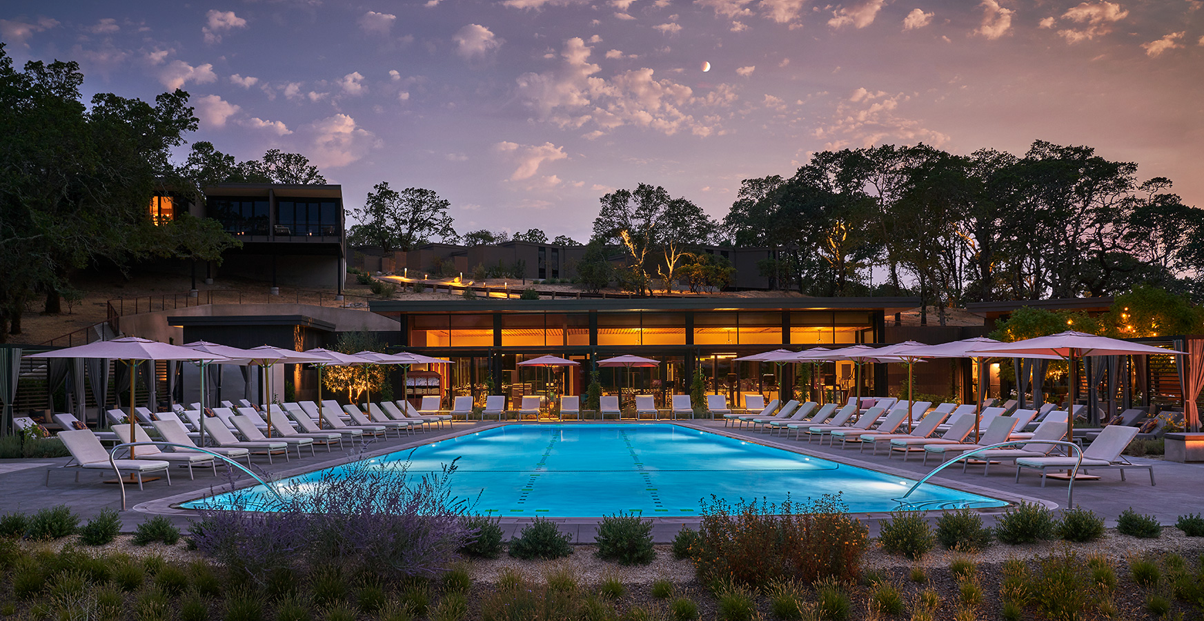 The Montage Healdsburg pool at dusk.