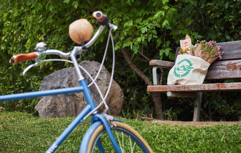 A bike next to a tote bag with groceries in it sitting on a bench