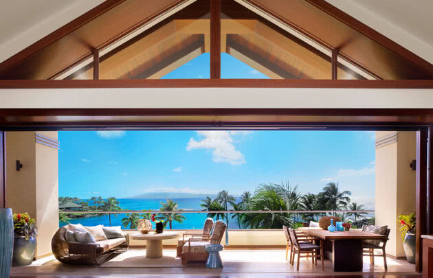 Four Bedroom Grand Residence vaulted living room with ocean views