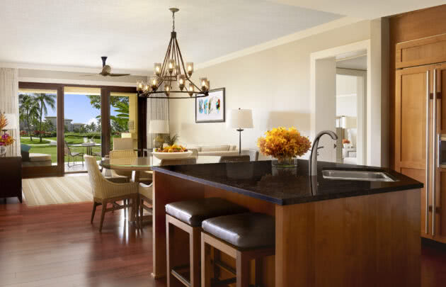 A Montage Kapalua Bay resort overlooking the lush property grounds on the island of Maui.