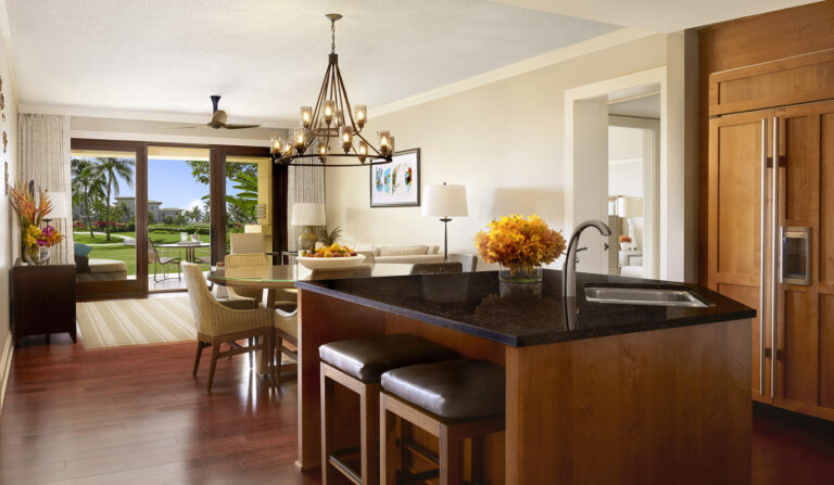 A Montage Kapalua Bay resort overlooking the lush property grounds on the island of Maui.