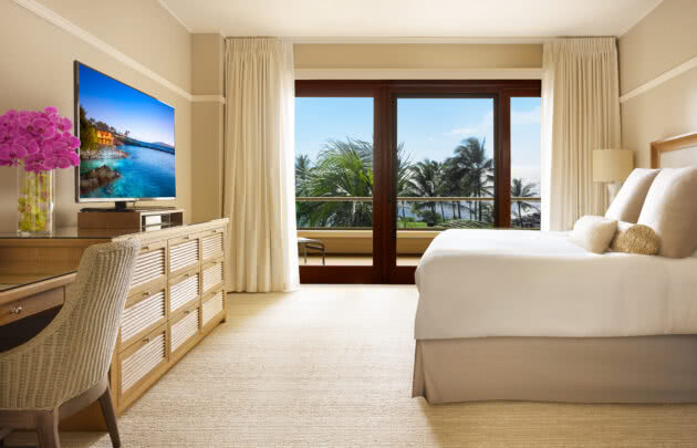 A bright and airy room at Montage Kapalua Bay, a Maui, Hawaii resort.