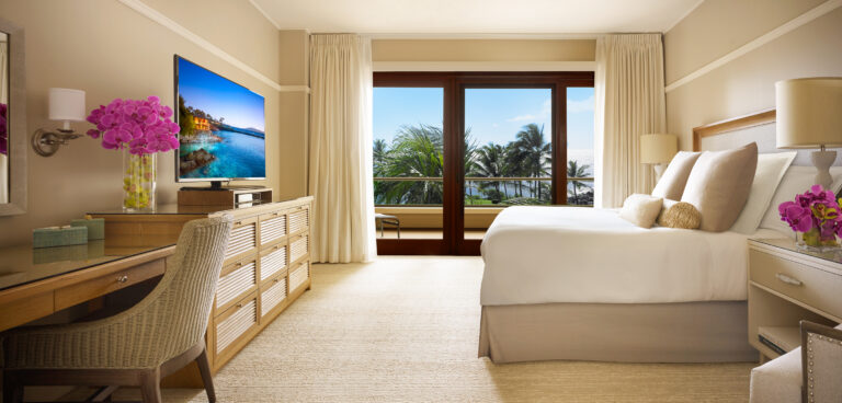 A bright and airy room at Montage Kapalua Bay, a Maui, Hawaii resort.