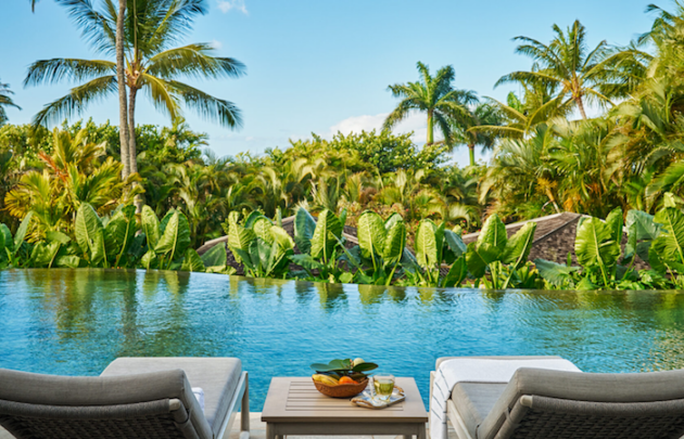 Resort pool surrounded by palm trees and ocean view