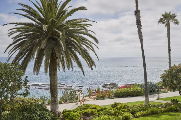 Montage Laguna Beach resort walkway surrounded by palm trees and ocean views