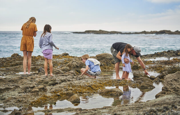 Children in Paintbox looking at tidepools at the beach