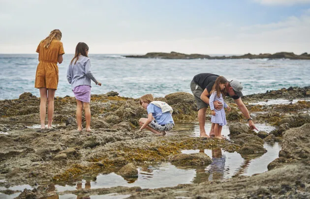Children in Paintbox looking at tidepools at the beach