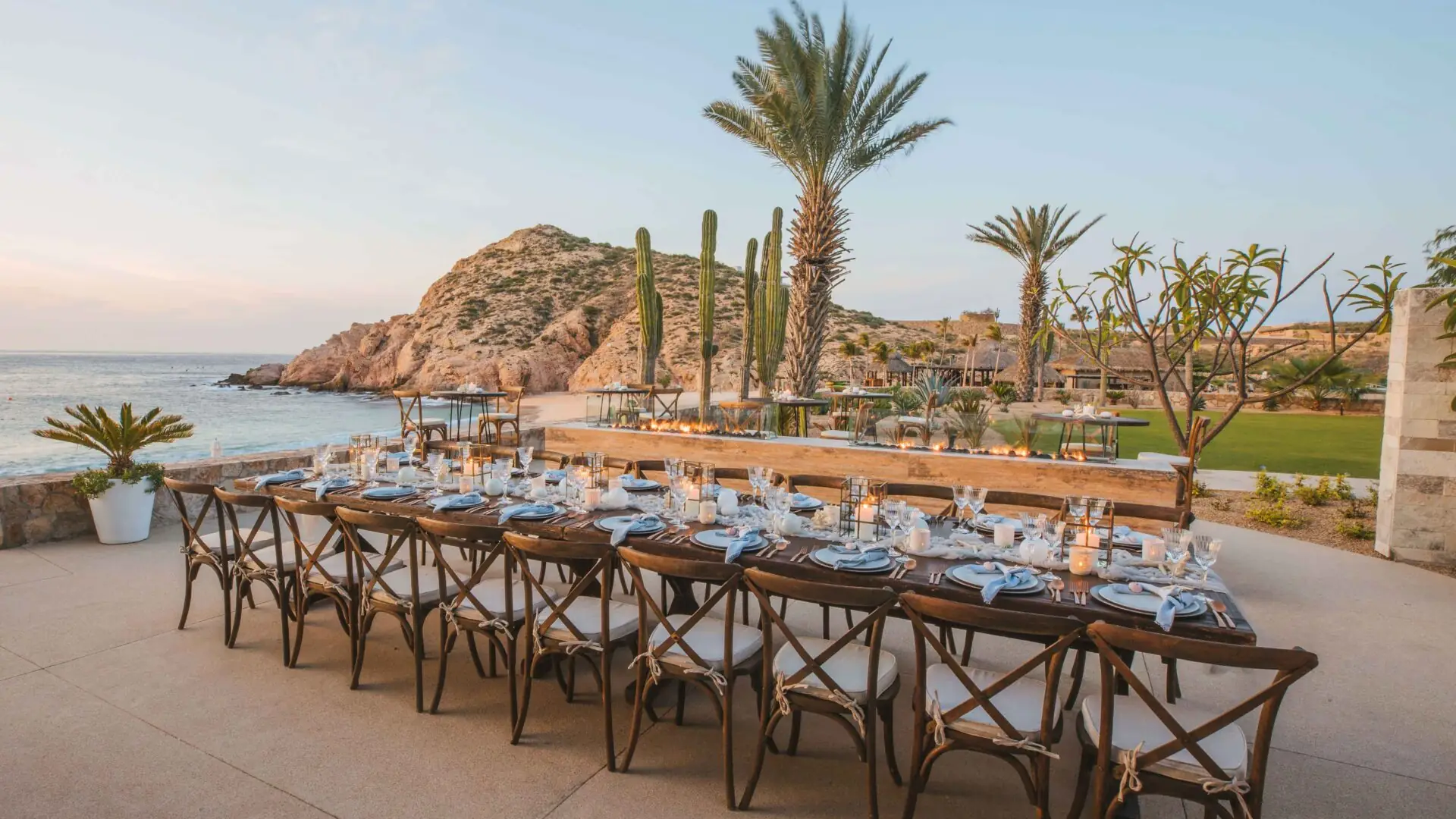 A table set up for a formal dinner at Marea by the ocean at Montage Los Cabos