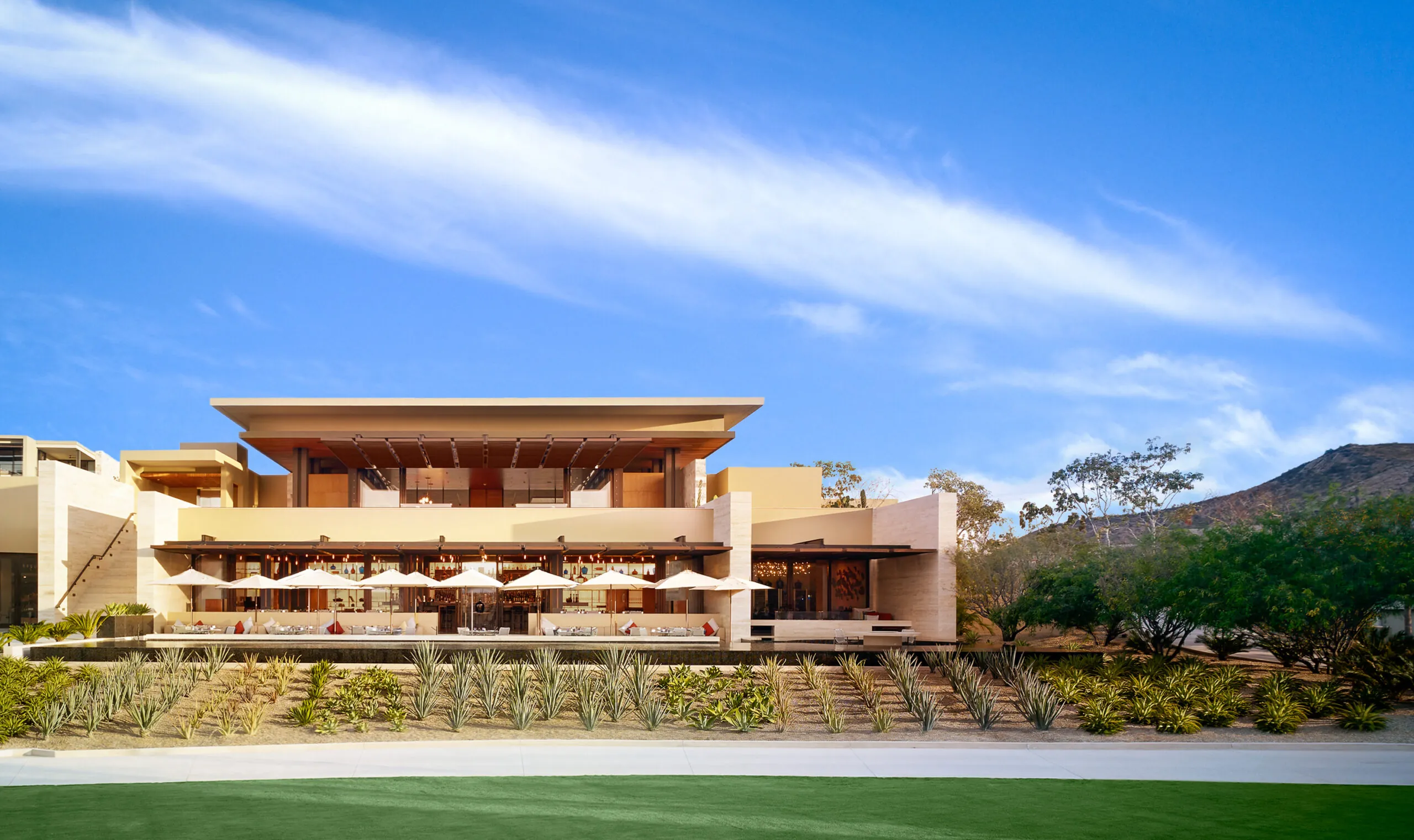 An architectural view of the exterior of the Mezcal restaurant at daytime