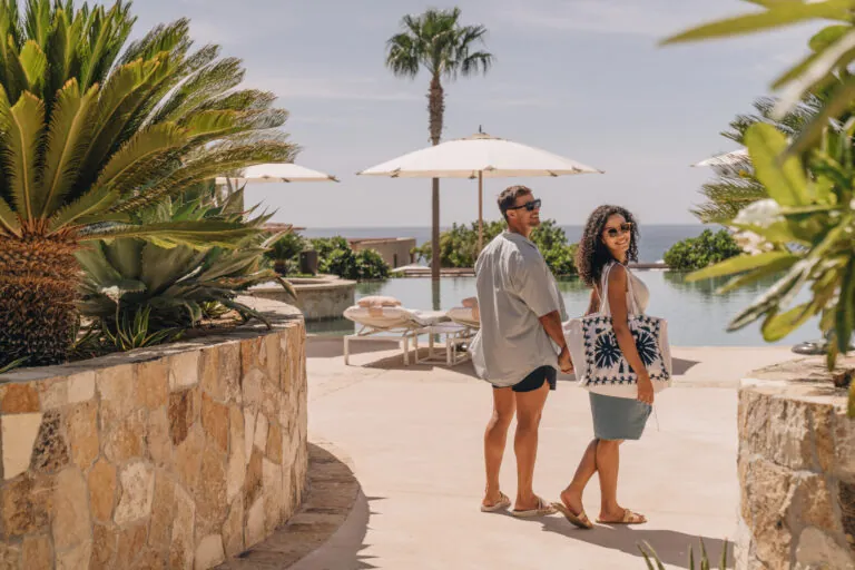 couple strolling through the resort