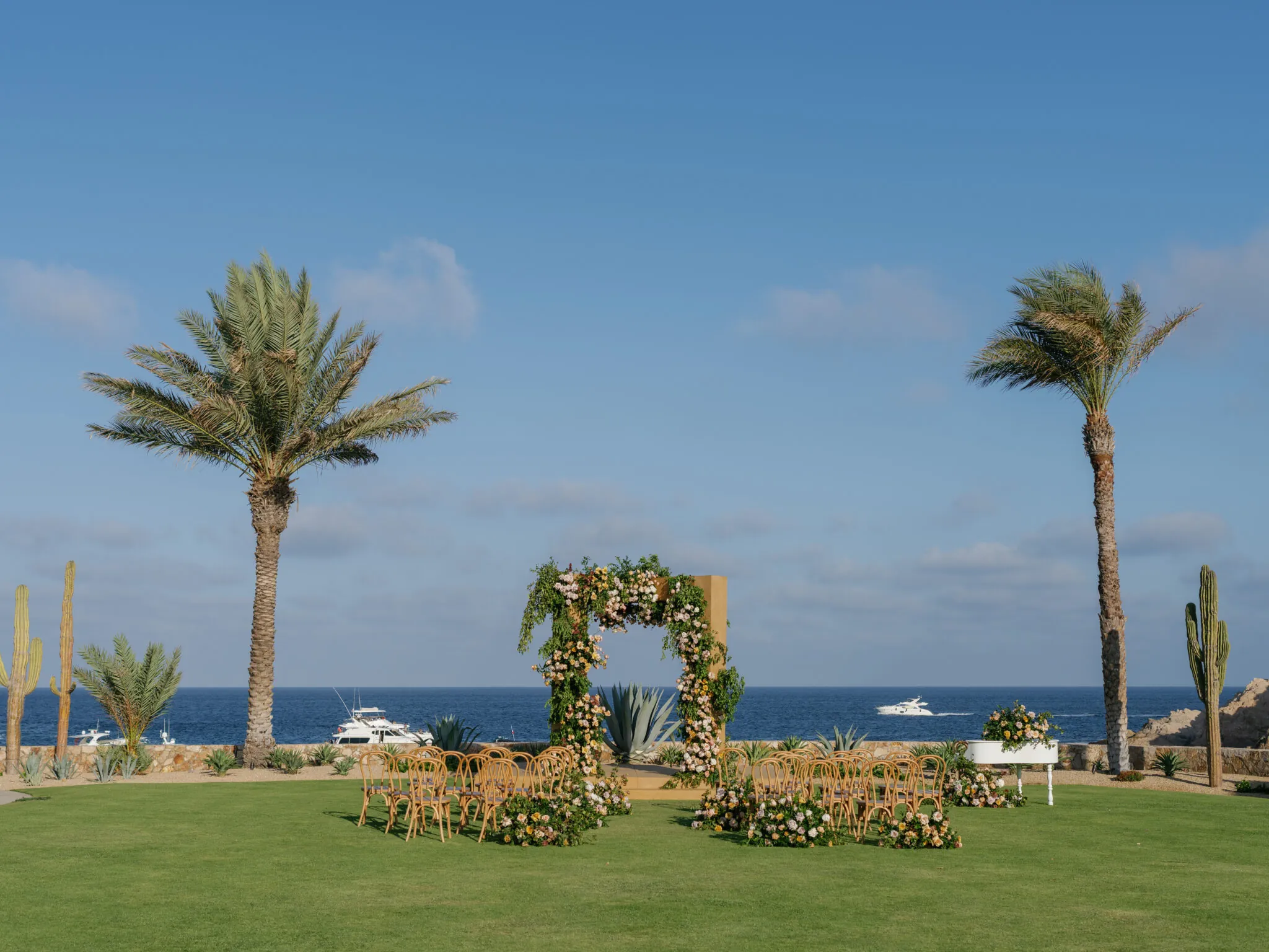 An event arch and seating on the