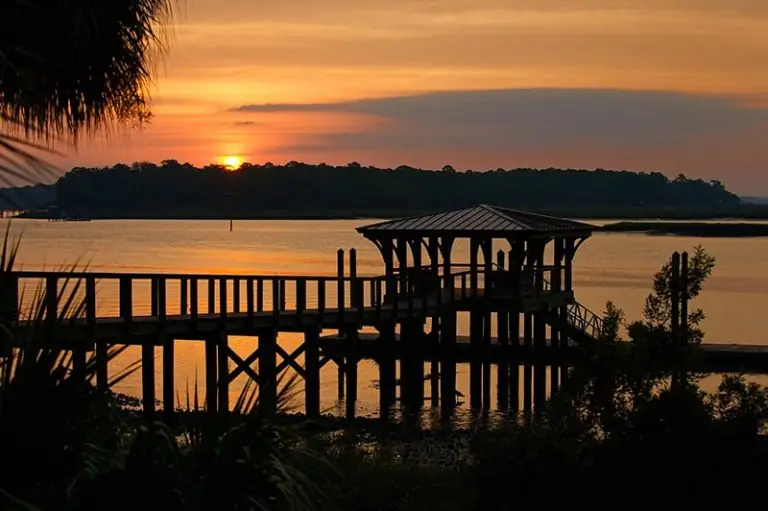 Sunset on a dock at Montage Palmetto Bluff