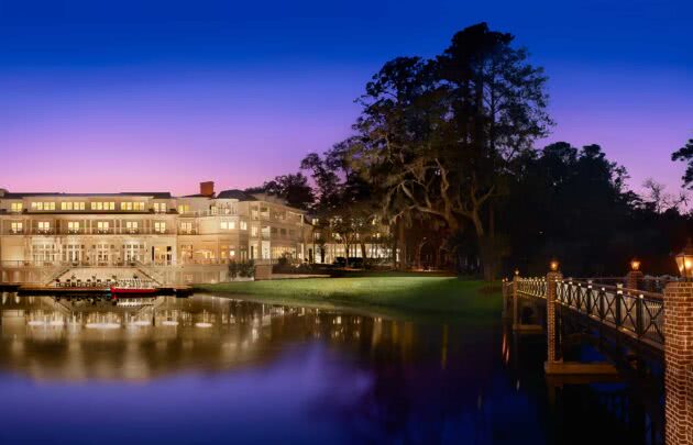 Palmetto Bluff hotel at night