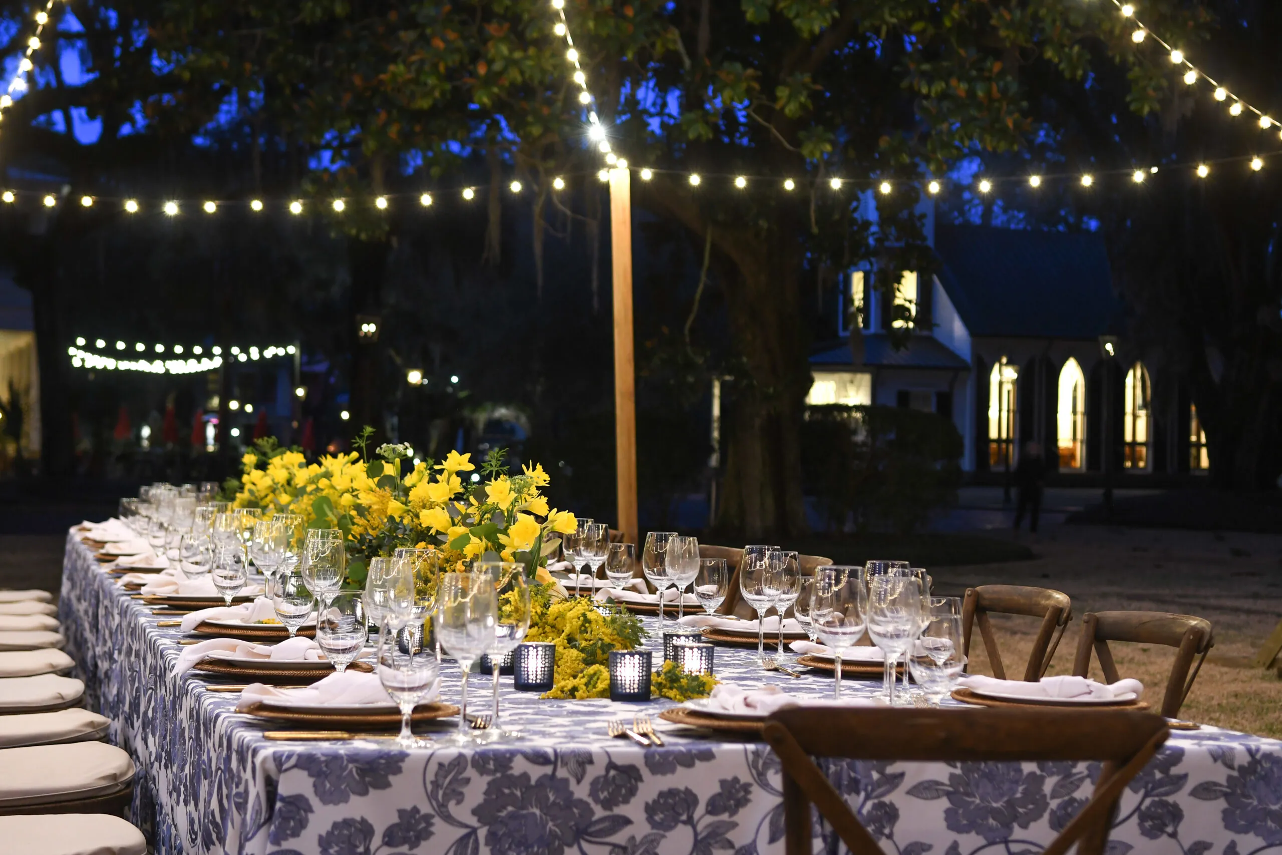 Event Design Village Green Corporate Table Nighttime