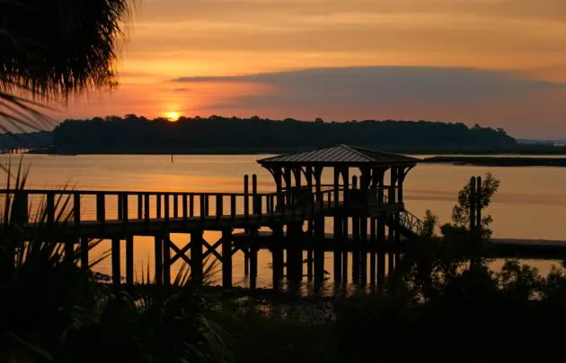 Dock at sunrise at Montage Palmetto Bluff