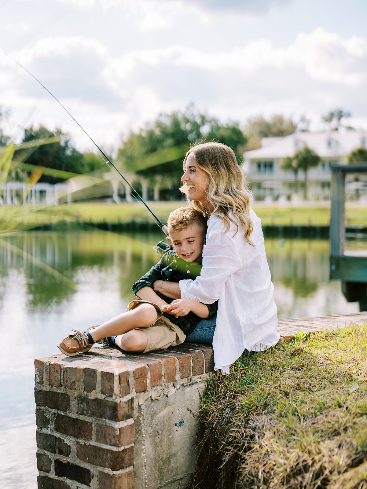 Mother and son fishing